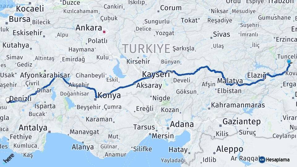 Elazığ Karakoçan Denizli Arası Kaç Km - Yol Haritası