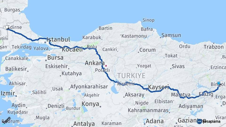 Elazığ Karakoçan Edirne Arası Kaç Km - Yol Haritası