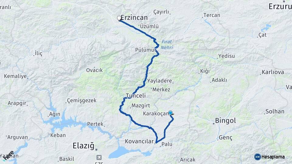Elazığ Karakoçan Erzincan Arası Kaç Km - Yol Haritası
