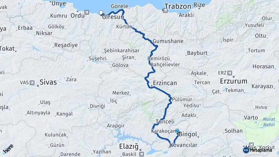 Elazığ Karakoçan Giresun Arası Kaç Km - Yol Haritası