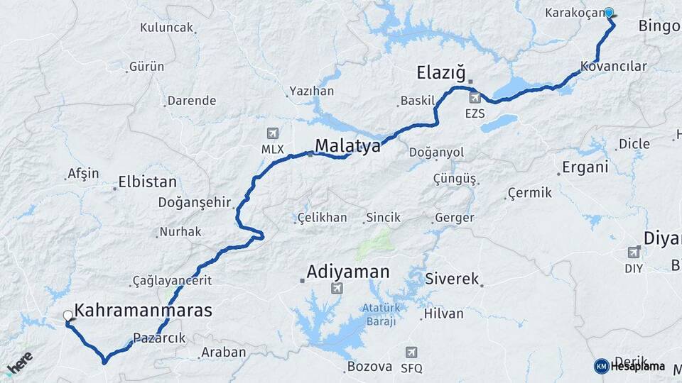 Elazığ Karakoçan Kahramanmaraş Arası Kaç Km - Yol Haritası