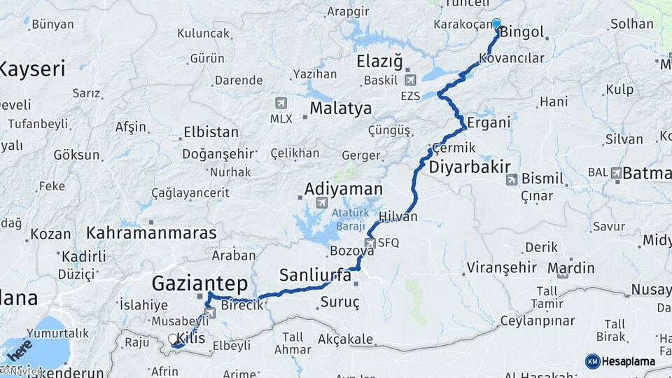Elazığ Karakoçan Kilis Arası Kaç Km - Yol Haritası