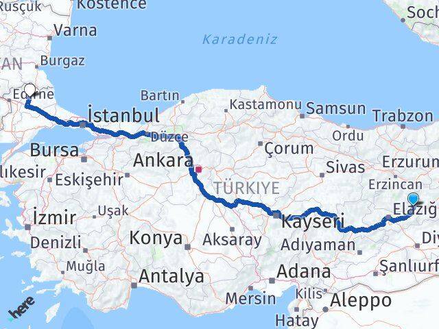 Elazığ Karakoçan Kırklareli Arası Kaç Km - Yol Haritası