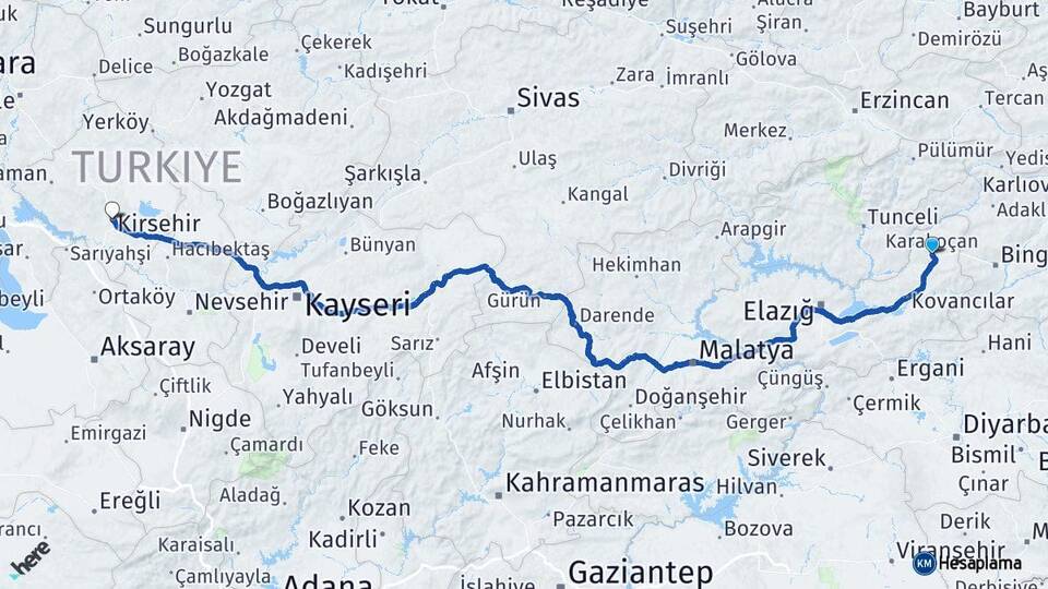 Elazığ Karakoçan Kırşehir Arası Kaç Km - Yol Haritası