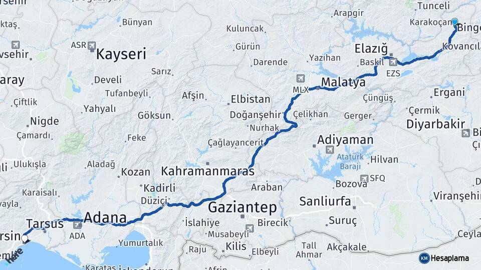 Elazığ Karakoçan Mersin Arası Kaç Km - Yol Haritası