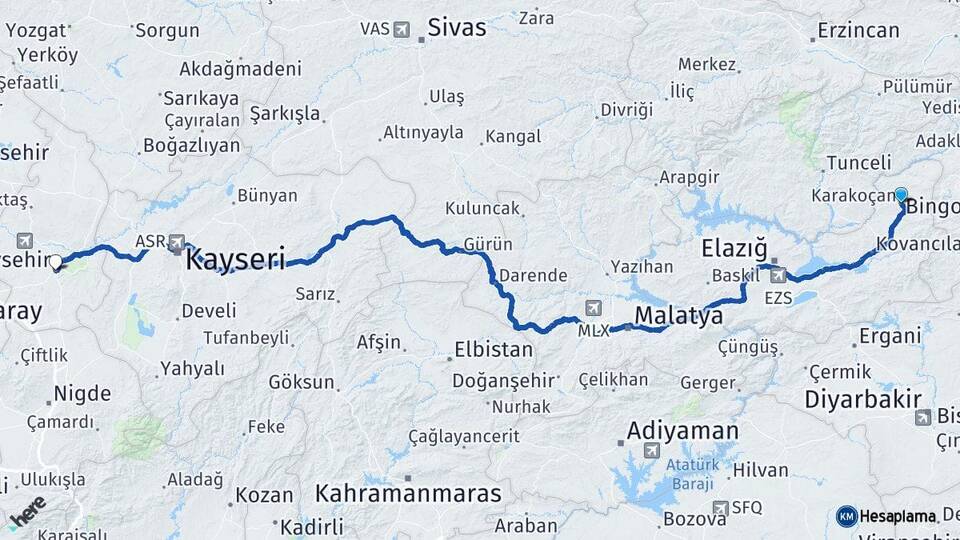 Elazığ Karakoçan Nevşehir Arası Kaç Km - Yol Haritası
