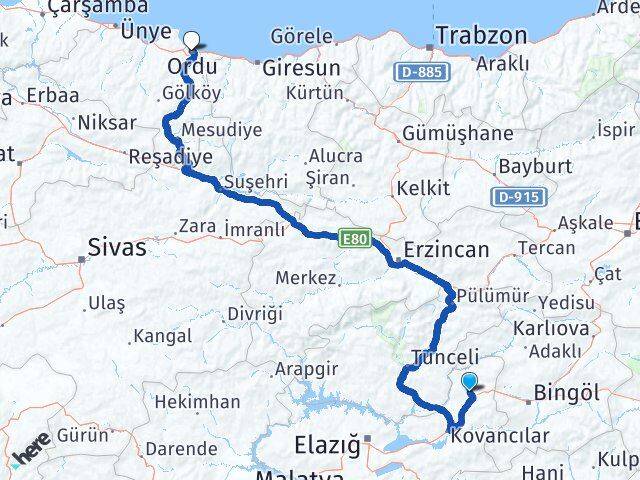 Elazığ Karakoçan Ordu Arası Kaç Km - Yol Haritası