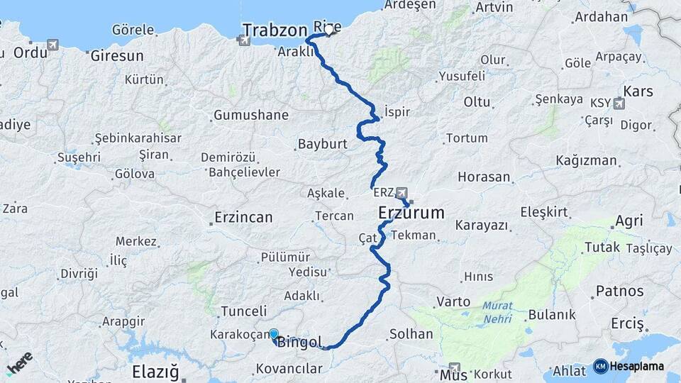 Elazığ Karakoçan Rize Arası Kaç Km - Yol Haritası