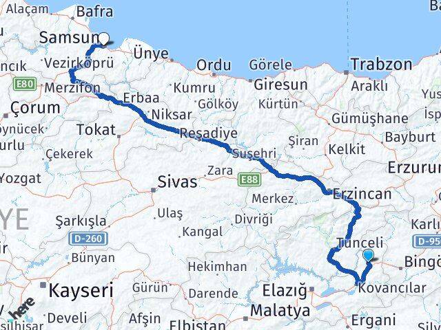 Elazığ Karakoçan Samsun Arası Kaç Km - Yol Haritası