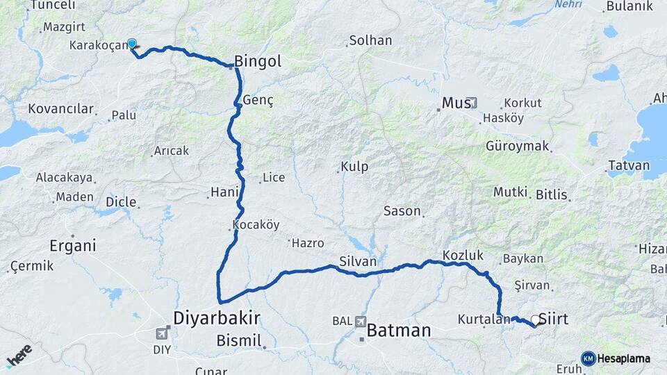 Elazığ Karakoçan Siirt Arası Kaç Km - Yol Haritası