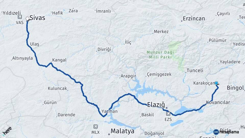 Elazığ Karakoçan Sivas Arası Kaç Km - Yol Haritası