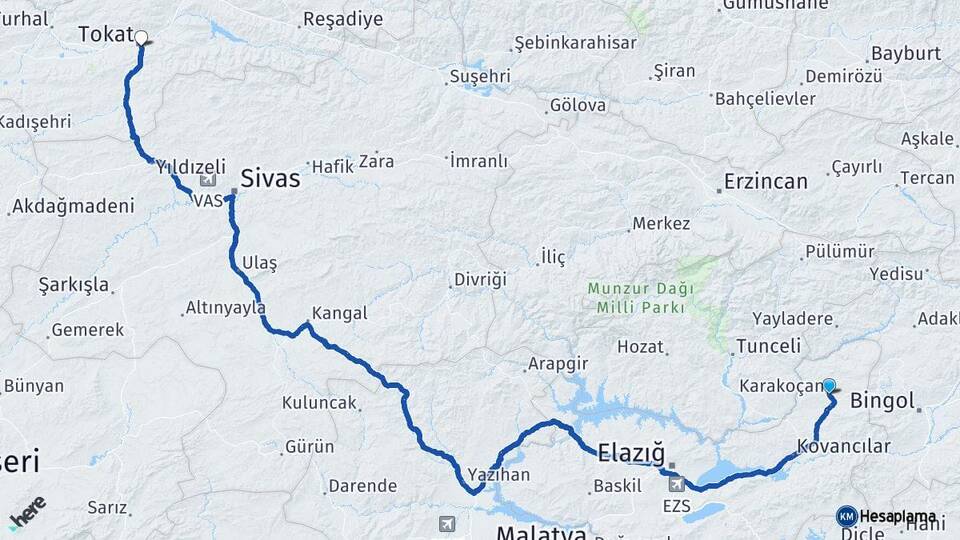 Elazığ Karakoçan Tokat Arası Kaç Km - Yol Haritası