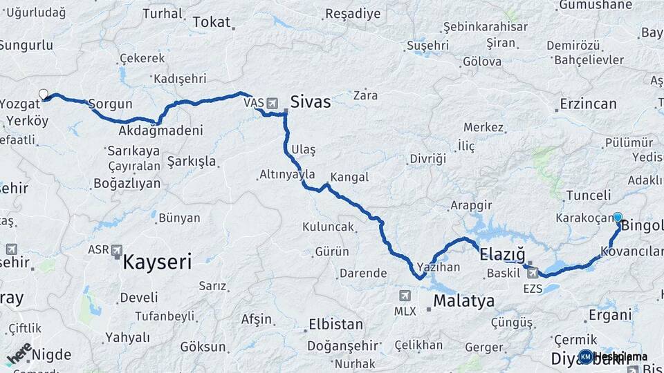 Elazığ Karakoçan Yozgat Arası Kaç Km - Yol Haritası
