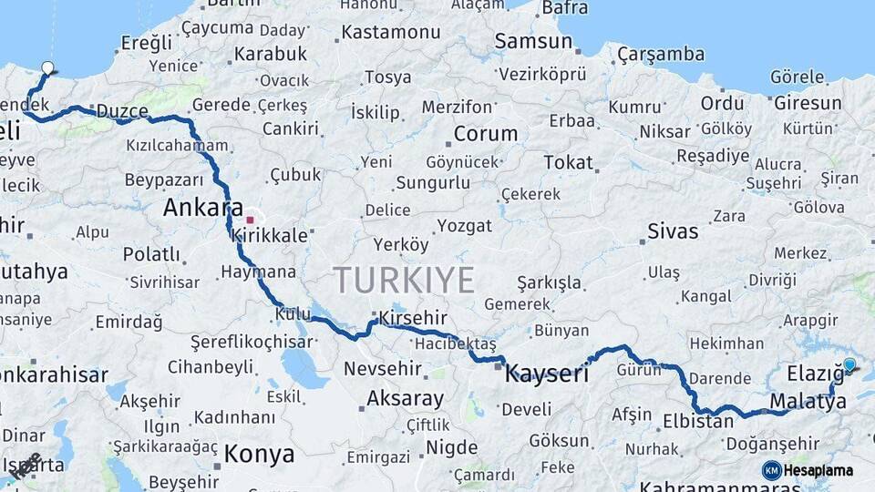 Elazığ Karasu Sakarya Arası Kaç Km - Yol Haritası