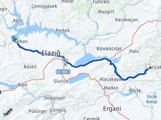 Elazığ Keban Arıcak Arası Kaç Km - Yol Haritası