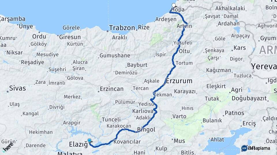 Elazığ Kemalpaşa Artvin Arası Kaç Km - Yol Haritası