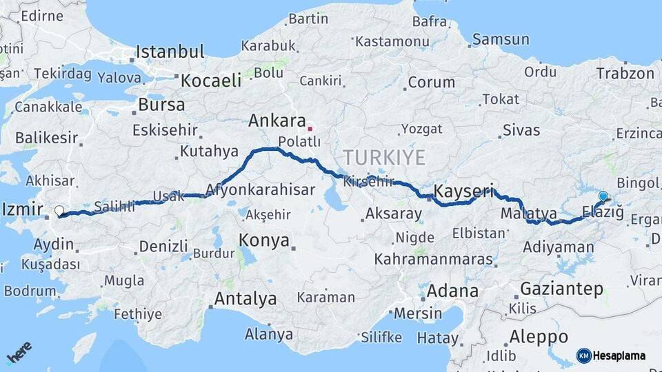 Elazığ Kemalpaşa İzmir Arası Kaç Km - Yol Haritası