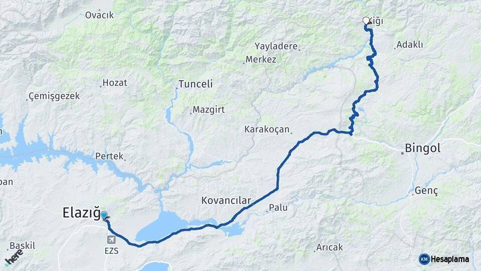 Elazığ Kiğı Bingöl Arası Kaç Km - Yol Haritası