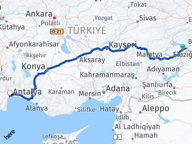 Elazığ Konyaaltı Antalya Arası Kaç Km - Yol Haritası