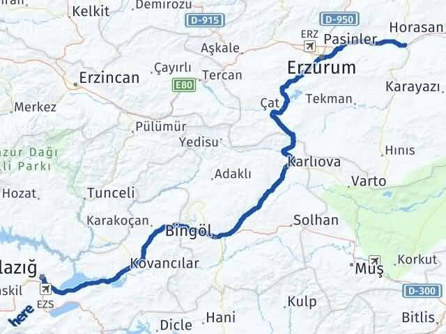 Elazığ Köprüköy Erzurum Arası Kaç Km - Yol Haritası