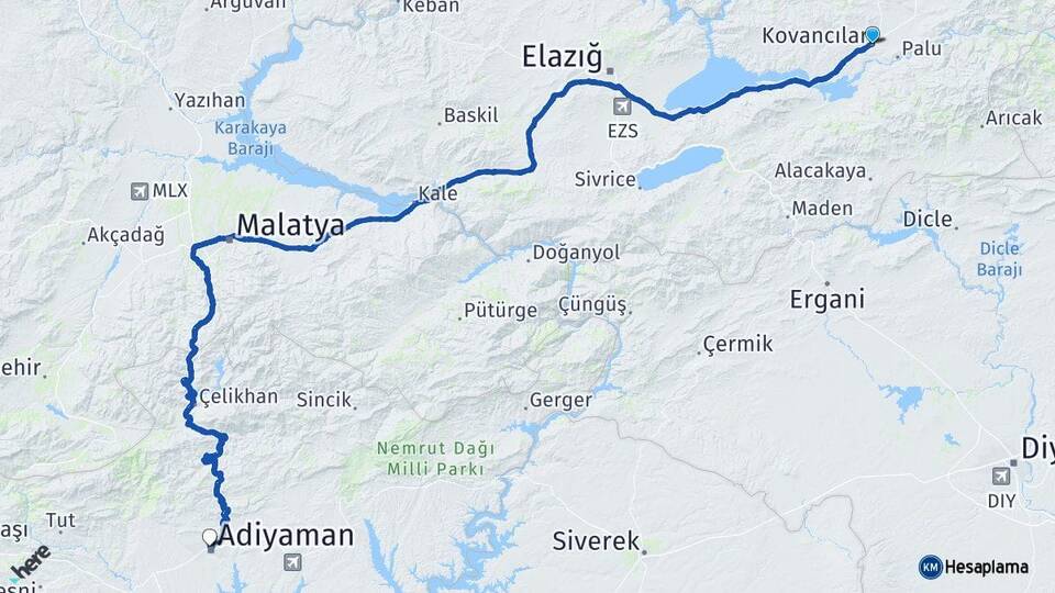 Elazığ Kovancılar Adıyaman Arası Kaç Km - Yol Haritası
