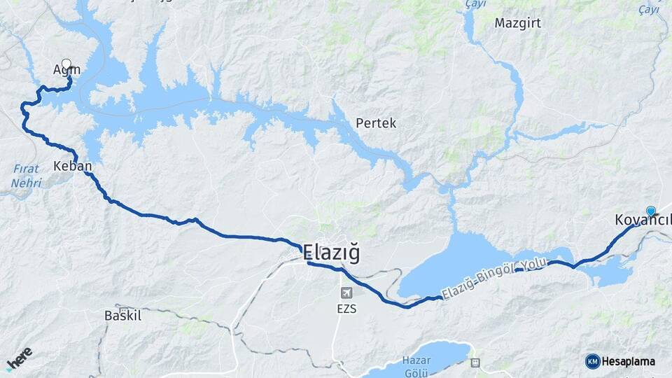 Elazığ Kovancılar Ağın Arası Kaç Km - Yol Haritası