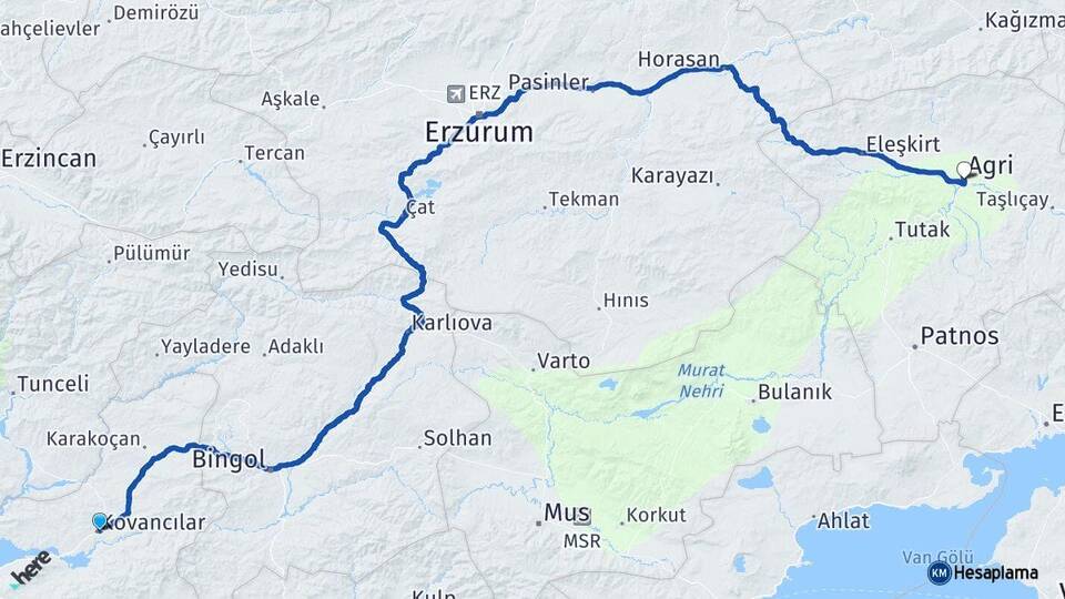 Elazığ Kovancılar Ağrı Arası Kaç Km - Yol Haritası