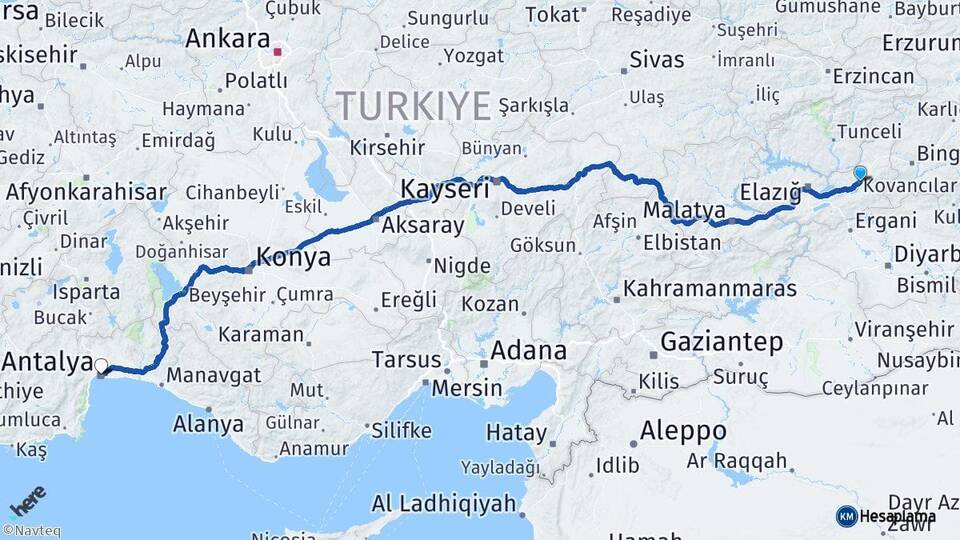 Elazığ Kovancılar Antalya Arası Kaç Km - Yol Haritası