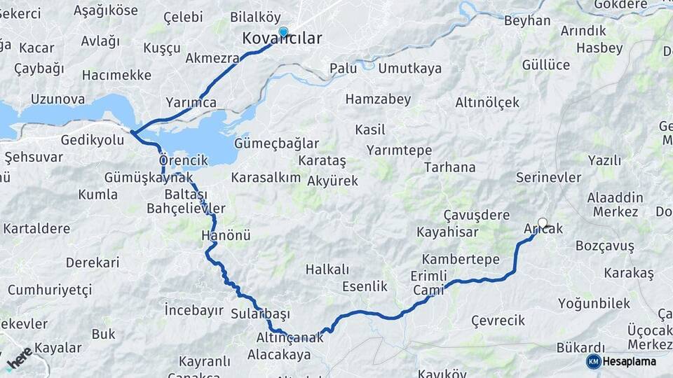 Elazığ Kovancılar Arıcak Arası Kaç Km - Yol Haritası