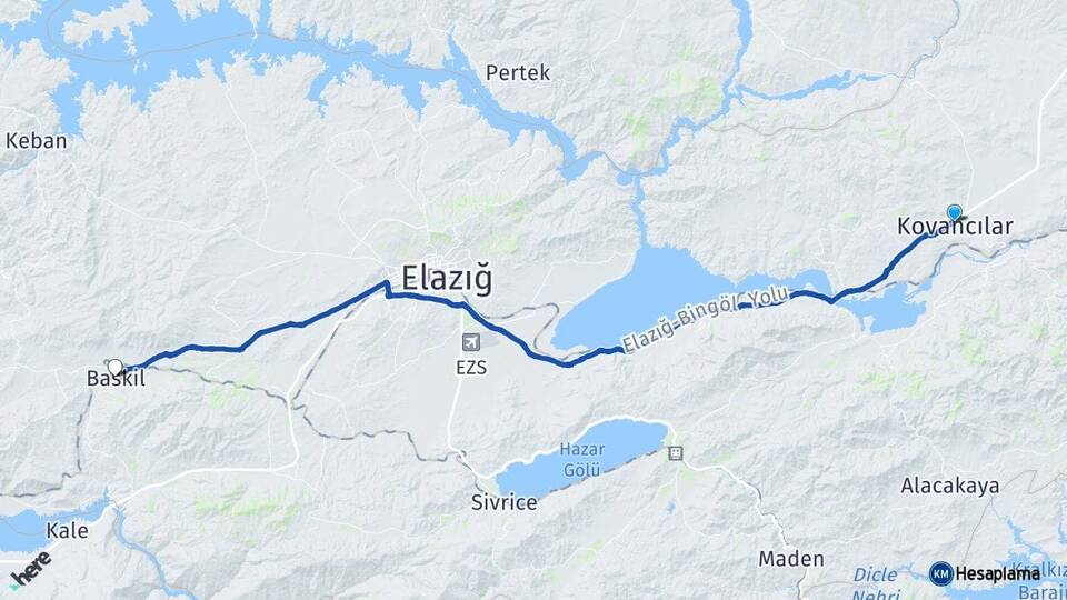 Elazığ Kovancılar Baskil Arası Kaç Km - Yol Haritası