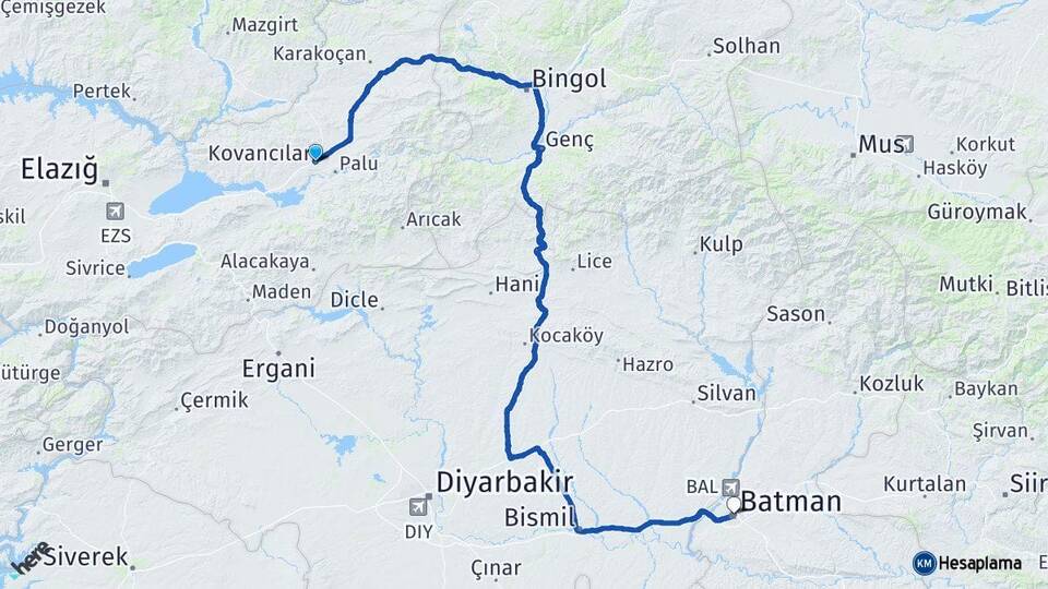 Elazığ Kovancılar Batman Arası Kaç Km - Yol Haritası