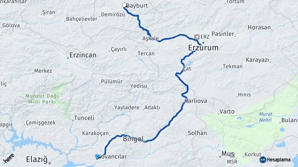 Elazığ Kovancılar Bayburt Arası Kaç Km - Yol Haritası