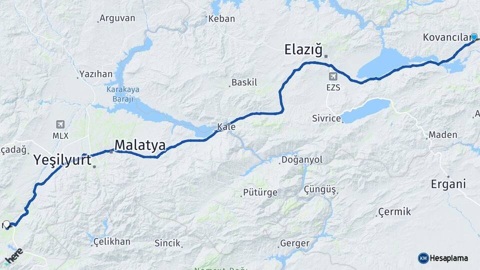 Elazığ Kovancılar Doğanşehir Malatya Arası Kaç Km - Yol Haritası