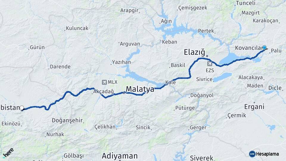 Elazığ Kovancılar Elbistan Kahramanmaraş Arası Kaç Km - Yol Haritası