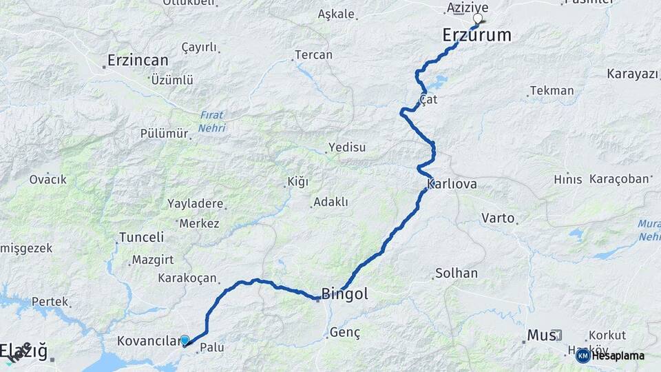 Elazığ Kovancılar Erzurum Arası Kaç Km - Yol Haritası