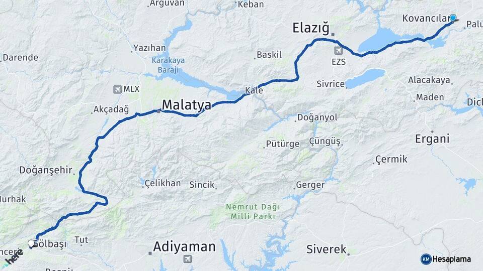Elazığ Kovancılar Gölbaşı Adıyaman Arası Kaç Km - Yol Haritası