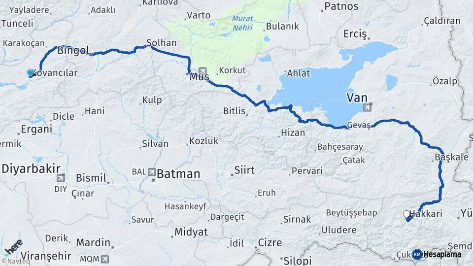 Elazığ Kovancılar Hakkari Arası Kaç Km - Yol Haritası