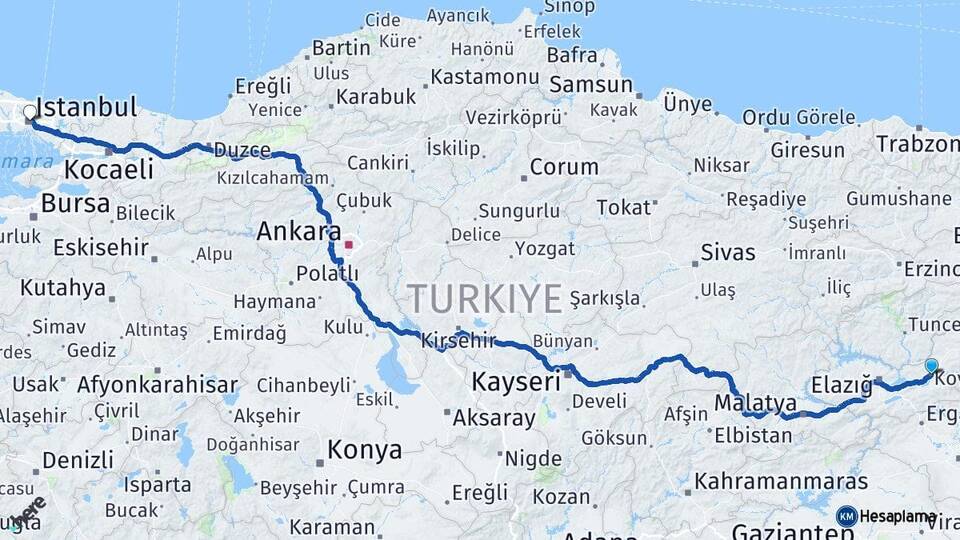 Elazığ Kovancılar İstanbul Arası Kaç Km - Yol Haritası