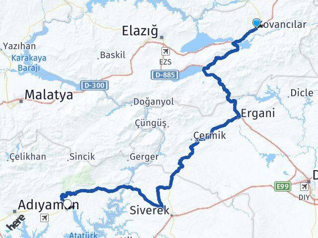 Elazığ Kovancılar Kahta Adıyaman Arası Kaç Km - Yol Haritası