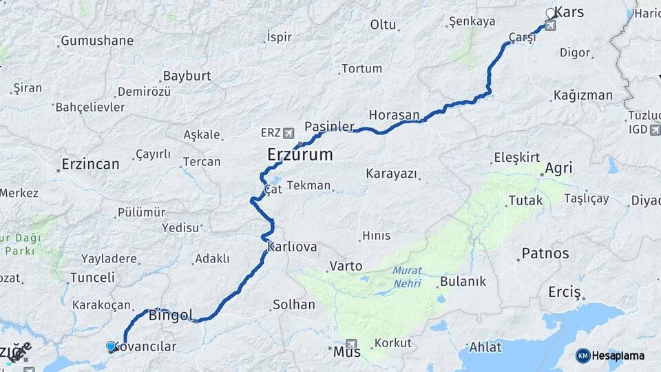 Elazığ Kovancılar Kars Arası Kaç Km - Yol Haritası