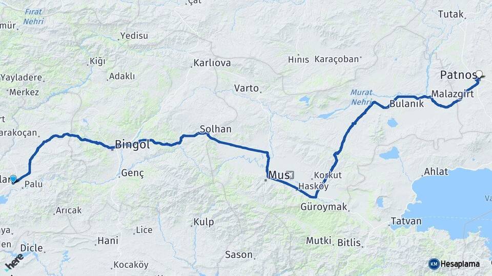 Elazığ Kovancılar Patnos Ağrı Arası Kaç Km - Yol Haritası