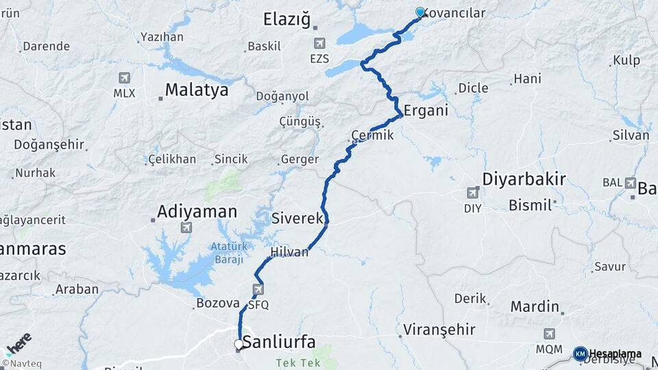 Elazığ Kovancılar Şanlıurfa Arası Kaç Km - Yol Haritası