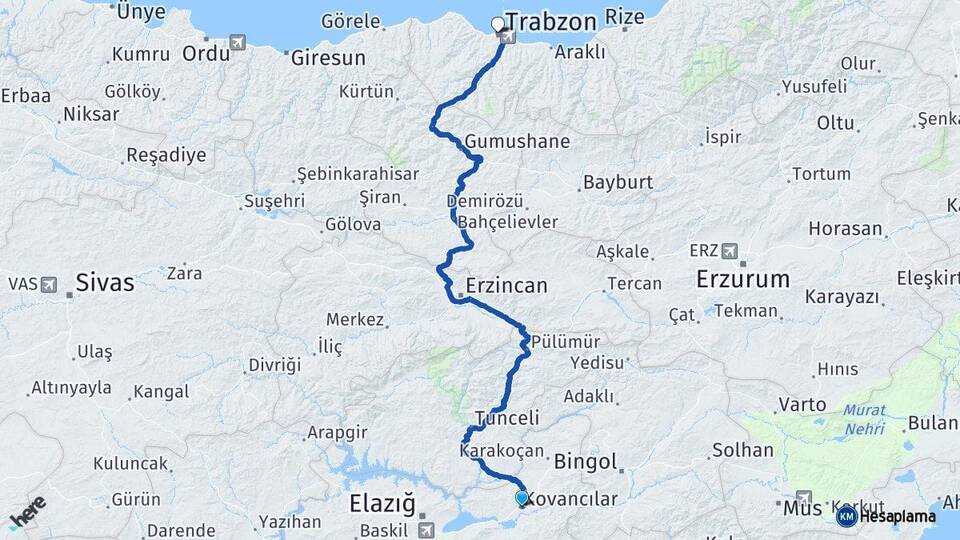 Elazığ Kovancılar Trabzon Arası Kaç Km - Yol Haritası