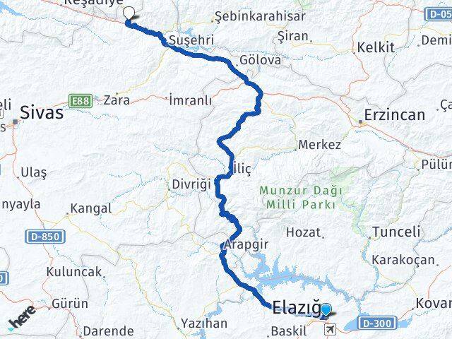 Elazığ Koyulhisar Sivas Arası Kaç Km - Yol Haritası