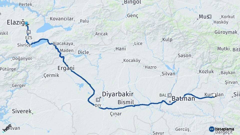 Elazığ Kurtalan Siirt Arası Kaç Km - Yol Haritası