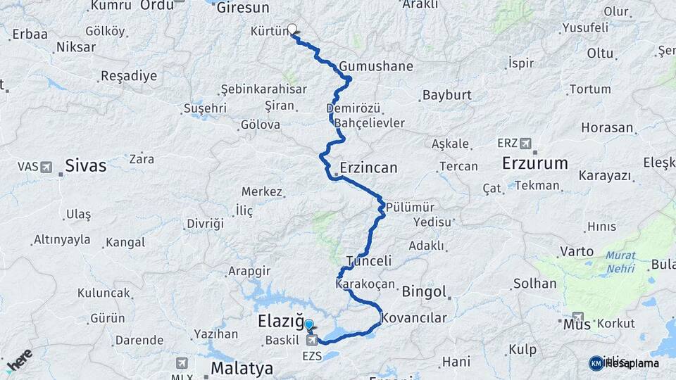 Elazığ Kürtün Gümüşhane Arası Kaç Km - Yol Haritası