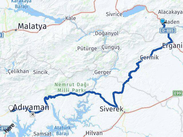 Elazığ Maden Adıyaman Arası Kaç Km - Yol Haritası