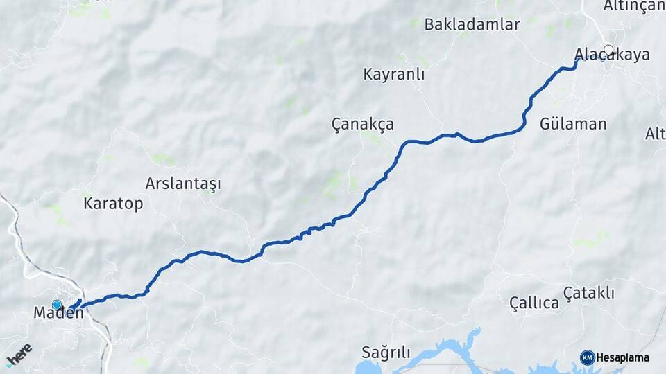 Elazığ Maden Alacakaya Arası Kaç Km - Yol Haritası