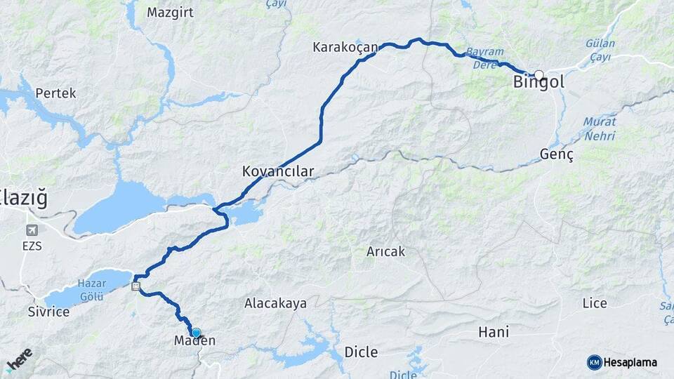 Elazığ Maden Bingöl Arası Kaç Km - Yol Haritası