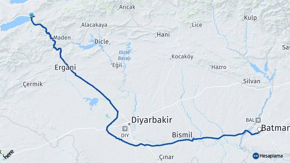 Elazığ Maden Gezin Batman Arası Kaç Km - Yol Haritası